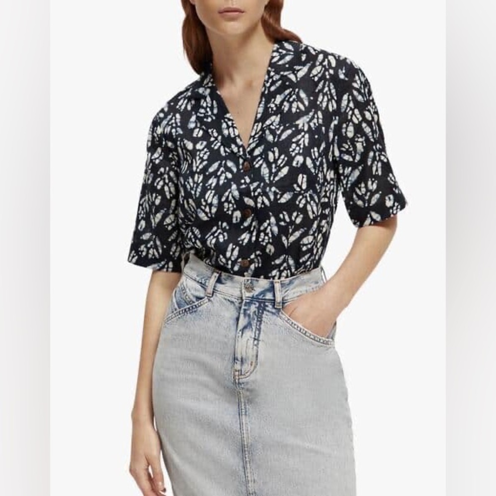 Scotch & Soda blue floral camp shirt linen short sleeve button down top EU 36